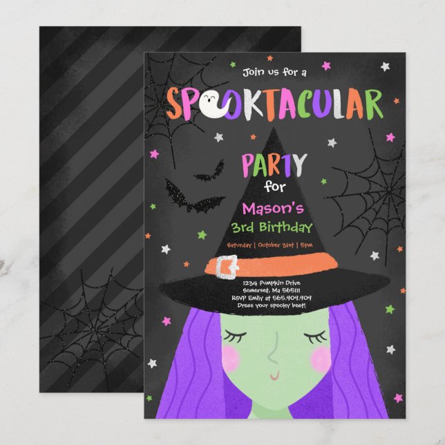 Halloween Cute Witch Födelsedagsfest Spooktacular Inbjudningar (Fram/baksida)