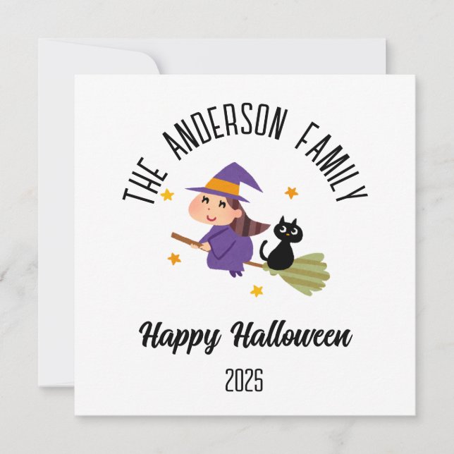 Halloween Cute Witch på Broom Personlig Namn Julkort (Framsida)