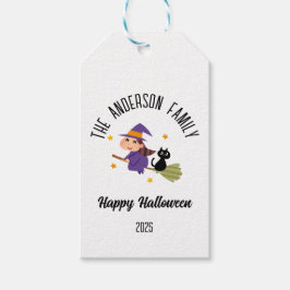 Halloween Cute Witch på Broom Personlig Namn Presentetikett