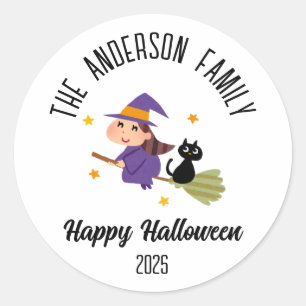 Halloween Cute Witch på Broom Personlig Namn Runt Klistermärke