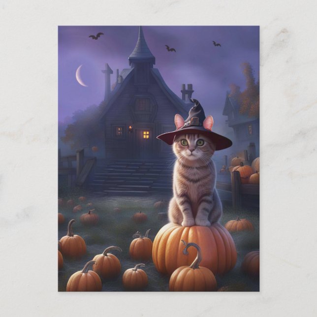 Halloween Cute Witchy Cat Pumpkins Helg Vykort (Framsida)