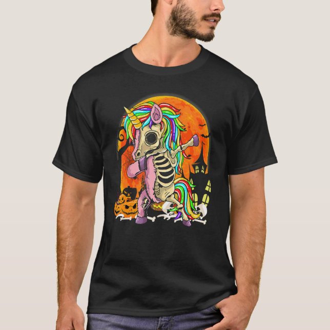 Halloween Dabbig Enhörning Skelett T Shirt (Framsida)