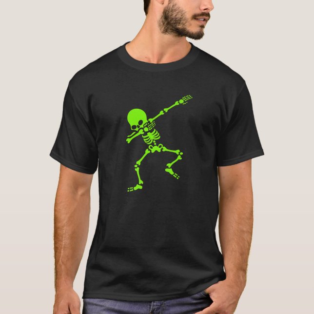 Halloween Dabbing Skeleton Bright-Grönt T Shirt (Framsida)