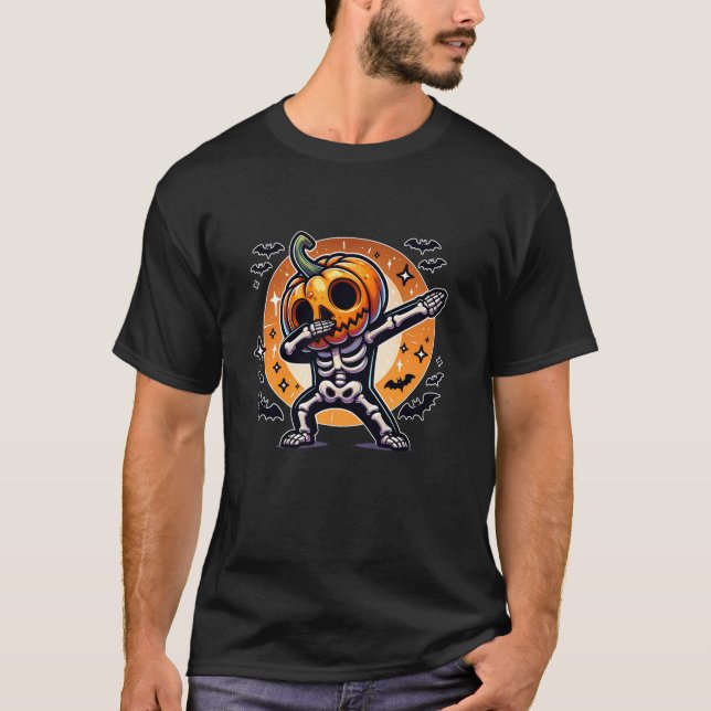 Halloween Dabbing Skeleton Jack o lantern Pumpkin T Shirt (Framsida)
