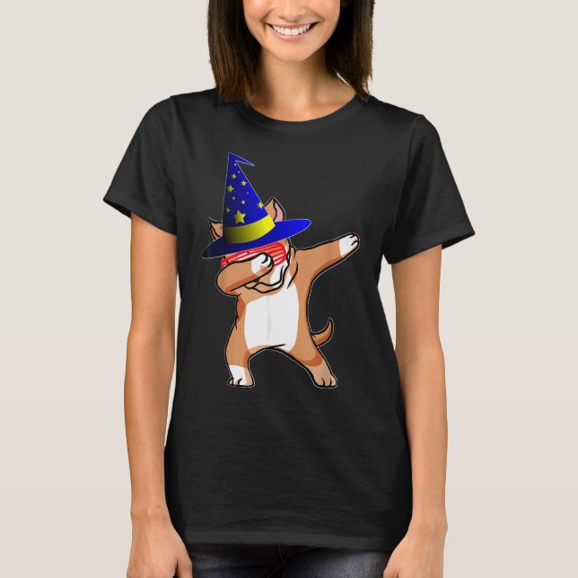 Halloween Dabbing Wizard Pitbull Puppy Hund Witch  T Shirt (Framsida)