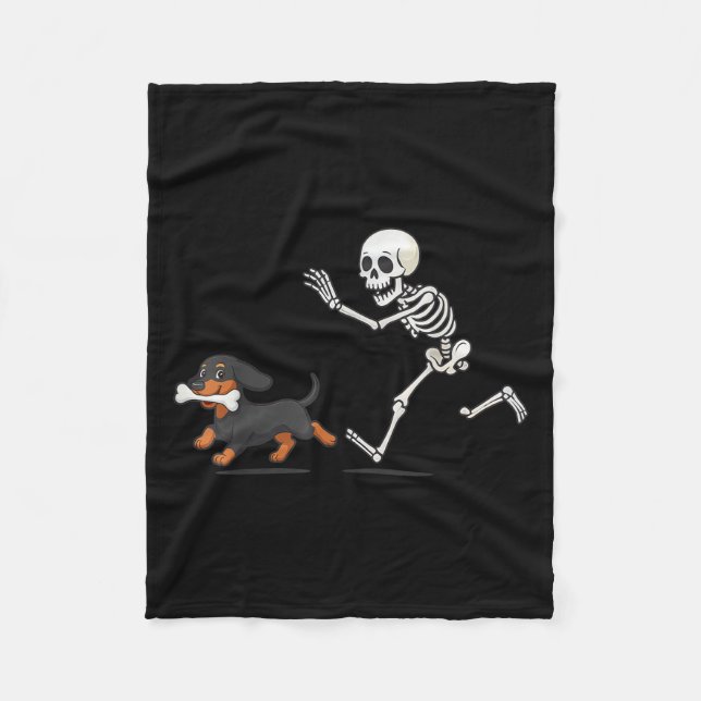 Halloween Dachshund Funny Skeleton Chasing Hund Ma Fleecefilt (Framsidan)