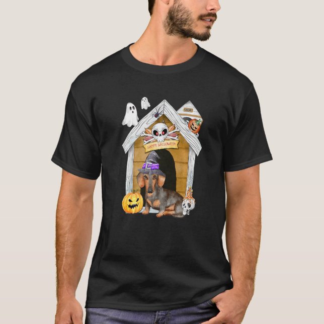 Halloween Dachshund Hund Witch Haunted House T Shirt (Framsida)