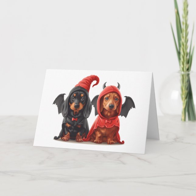 Halloween Dachshund Hundar Djävulen Fladdermus Kort (Framsida)