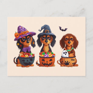 Halloween Dachshund Hundar Pumpkin Candy Bucket Vykort