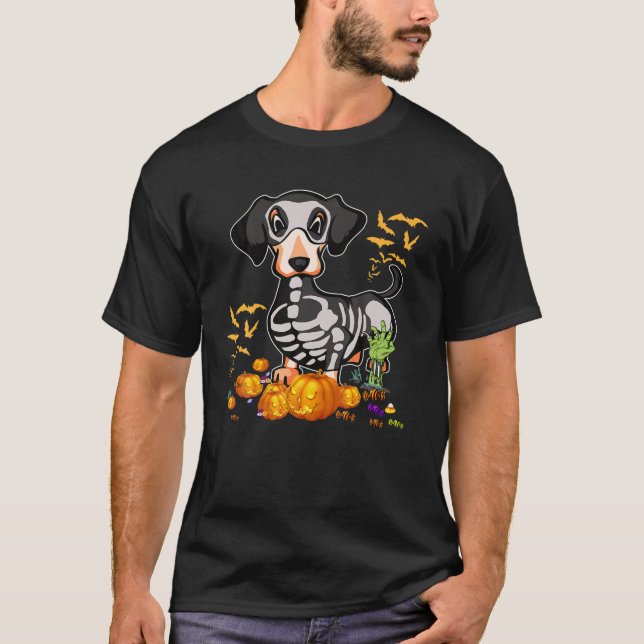 Halloween Dachshund Skeleton Hund älskare T Shirt (Framsida)