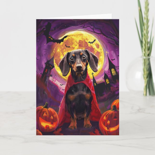 Halloween Dachshund Vampire Pumpkins Scary Kort (Framsida)