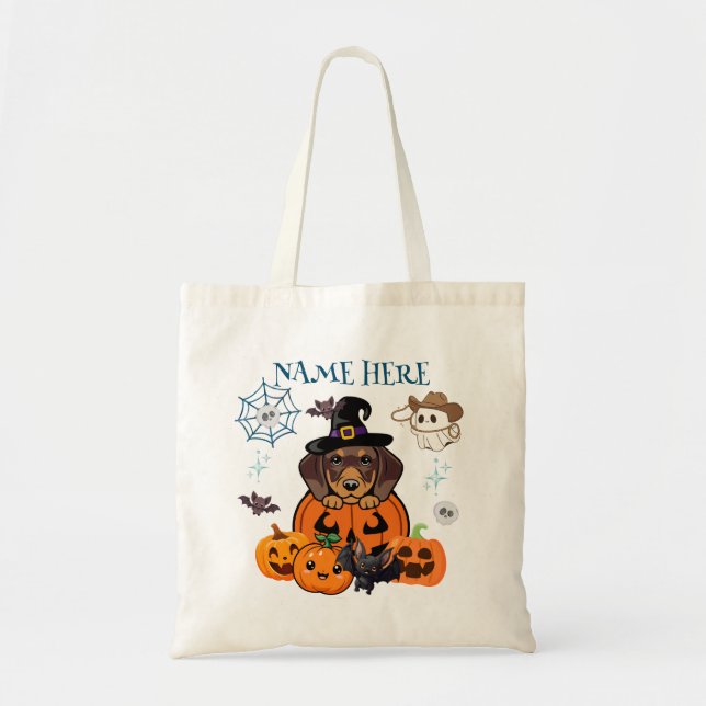 Halloween Dachshund Witch Candy Tote Bag Tygkasse (Framsidan)