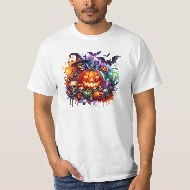 Halloween-dagen - Pumpkin och Witch underbart T Shirt (Framsida)