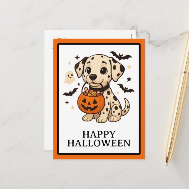 Halloween Dalmatien Hund Bus eller godis Party Helg Vykort (Fram/Back In Situ)