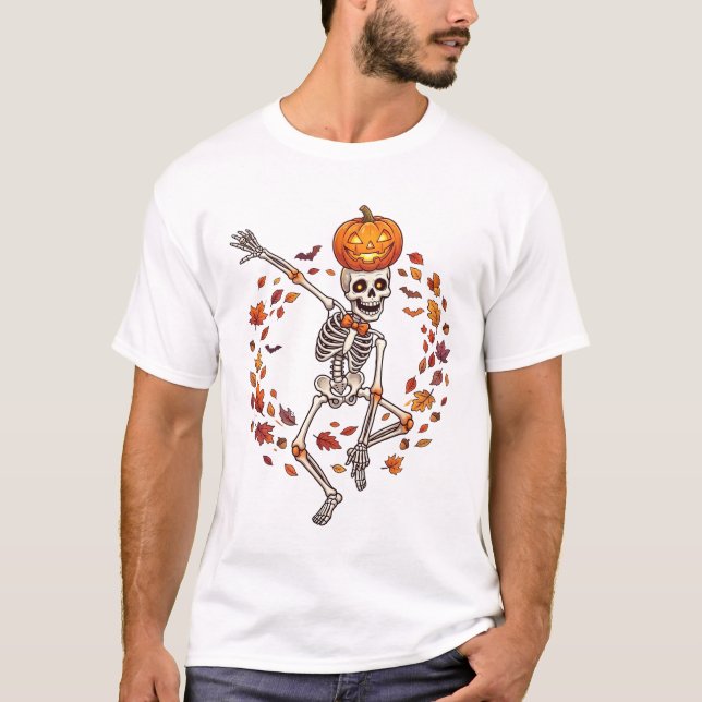 Halloween Dansande Skelett Pumpa Höst Löv T Shirt (Framsida)