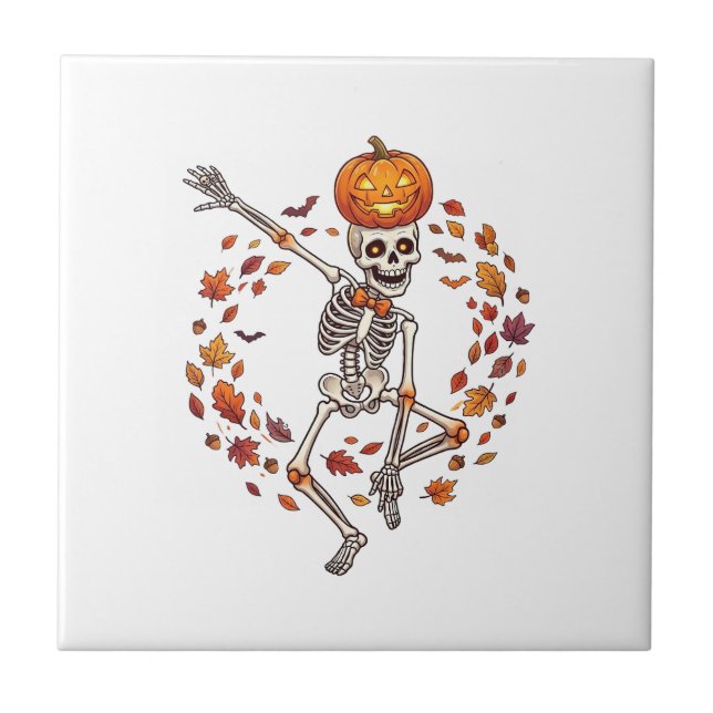 Halloween Dansande Skelett Pumpa Höstblad Kakelplatta (Framsidan)