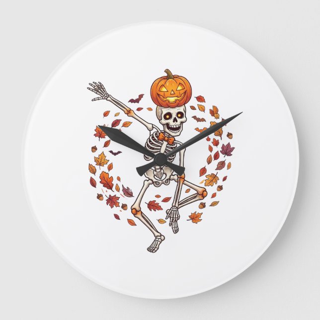 Halloween Dansande Skelett Pumpa Höstblad Stor Klocka (Framsida)