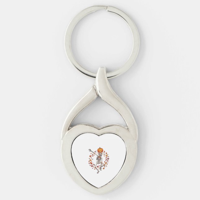 Halloween Dansande Skelett Pumpa Höstblad Twisted Heart Silverfärgad Nyckelring (Framsidan)