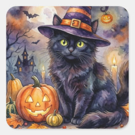 Halloween-dekal - Akvarell svart katt häxhatt Fyrkantigt Klistermärke