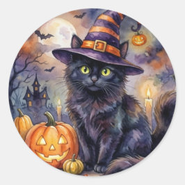 Halloween-dekal - Akvarell svart katt häxhatt Runt Klistermärke