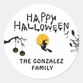 Halloween-dekor sticker med häxa och familj runt klistermärke