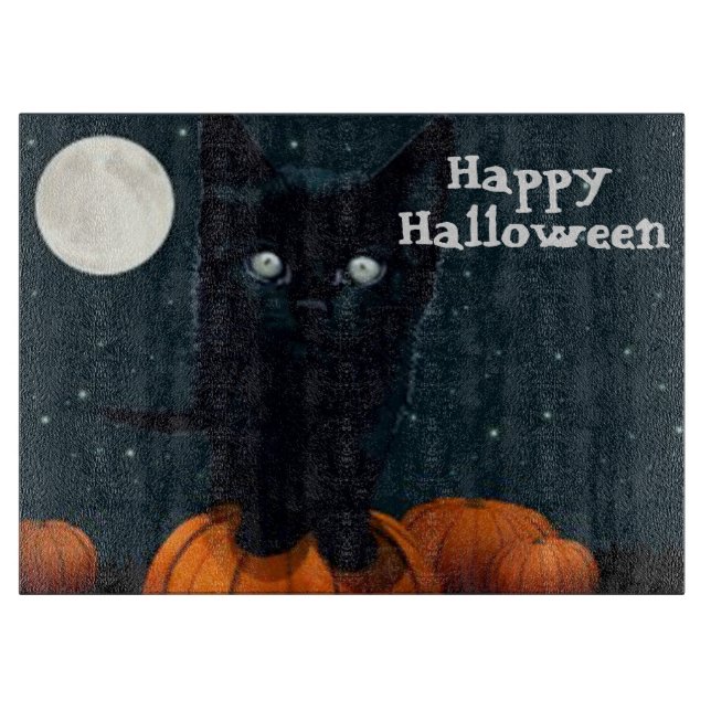 Halloween Dekorativ skärbräda i glas/Svart katt (Framsidan)