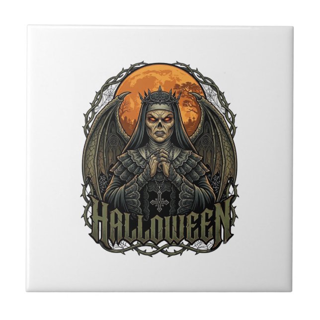 Halloween Demon Nunna Kronvingar Orange Måne_1 Kakelplatta (Framsidan)