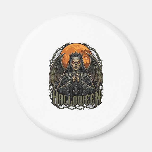 Halloween Demon Nunna Kronvingar Orange Måne_1 Magnet (Framsidan)