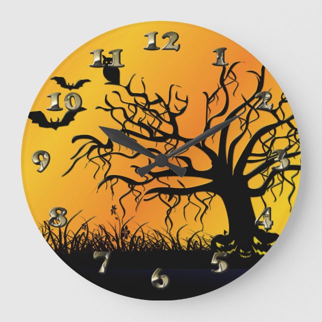 Halloween-design med Fladdermöss, Träd och pumpor Stor Klocka (Framsida)