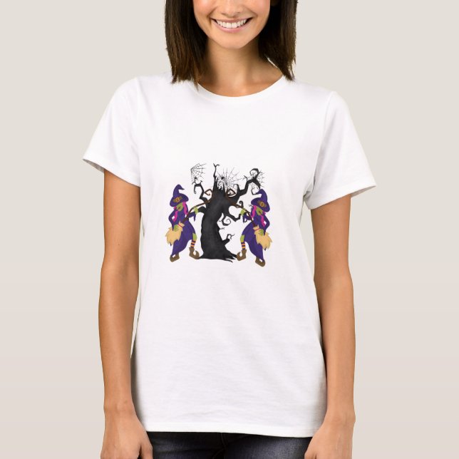 Halloween-design med krokad Träd och skärmar T Shirt (Framsida)