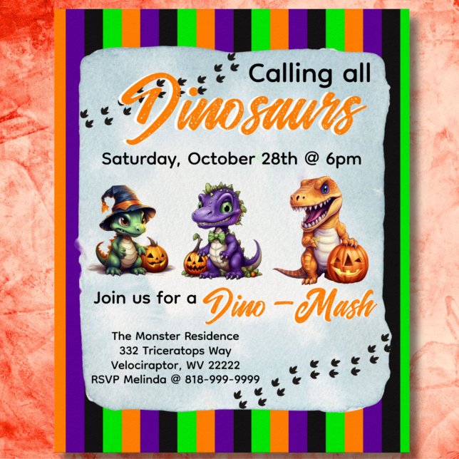 Halloween Dinosaur Dino-Mash Party-inbjudan Poster (Diagonal stripe Dinosaur Halloween Dino-Mash Invitation Poster with vertical Halloween stripes. )