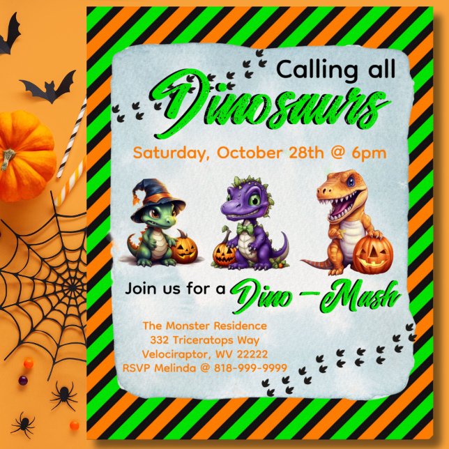 Halloween Dinosaur Dino-Mash Party-inbjudan Poster (Diagonal stripe Dinosaur Halloween Dino-Mash Invitation Poster)
