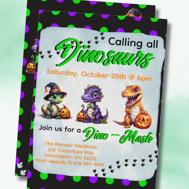 Halloween Dinosaur Dino-Mash Party Inbjudningar (Halloween Dinosaur Dino-Mash Party Invitation with Green Font)