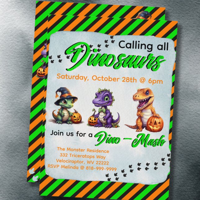 Halloween Dinosaur Dino-Mash Party Inbjudningar (Green & Orange Diagonal Stripe Dinosaur Halloween Dino-Mash Party Invitation)