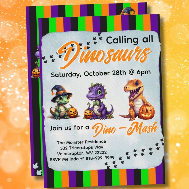 Halloween Dinosaur Dino-Mash Party Inbjudningar (Green, Purple, Black and Orange Vertical Stripe Dinosaur Halloween Dino-Mash Party Invitation)