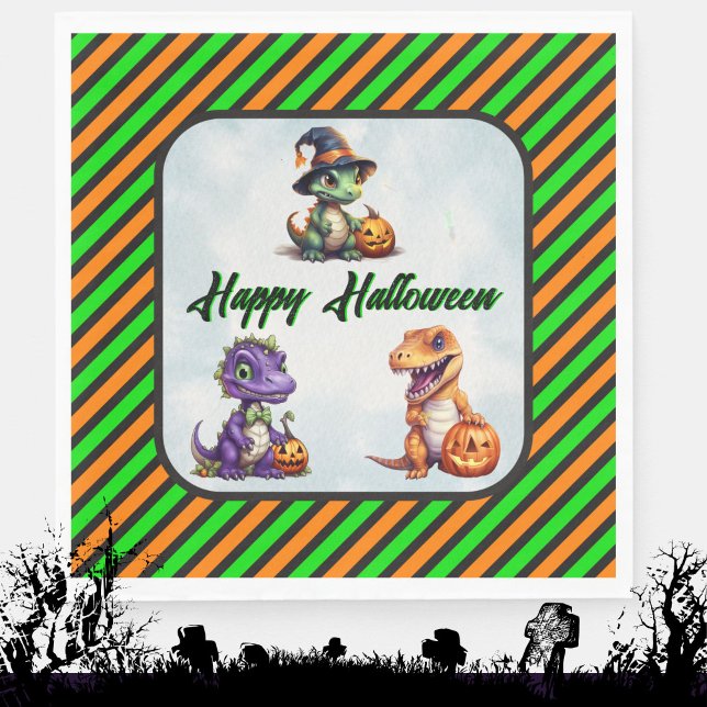 Halloween Dinosaur Dino-Mash Party Pappersservett (Halloween Dino Napkins in Green and Orange Stripe)