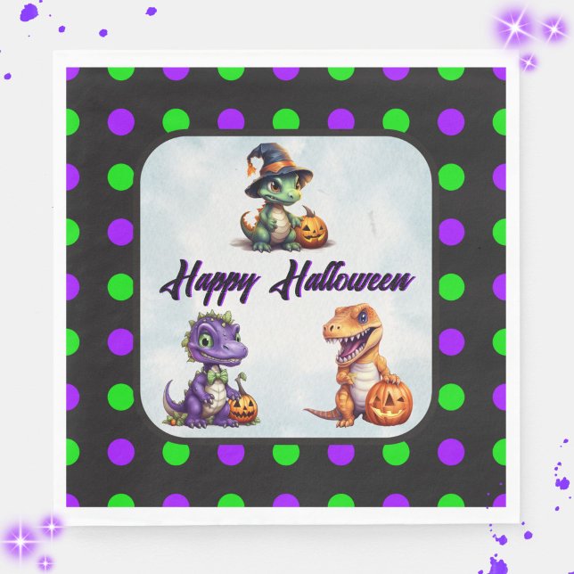 Halloween Dinosaur Dino-Mash Party Pappersservett (Happy Halloween Dino Napkins with Purple Font)