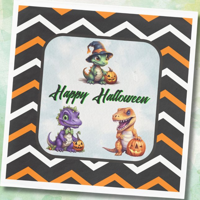 Halloween Dinosaur Dino-Mash Party Pappersservett (Halloween Dino Party Napkins with Chevron Stripes)