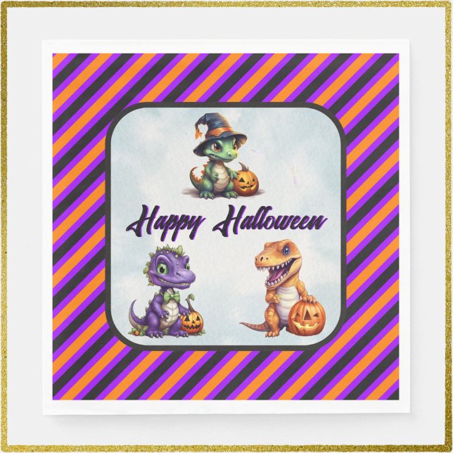 Halloween Dinosaur Dino-Mash Party Pappersservett (Triple Dino Happy Halloween Napkins with Purple font)