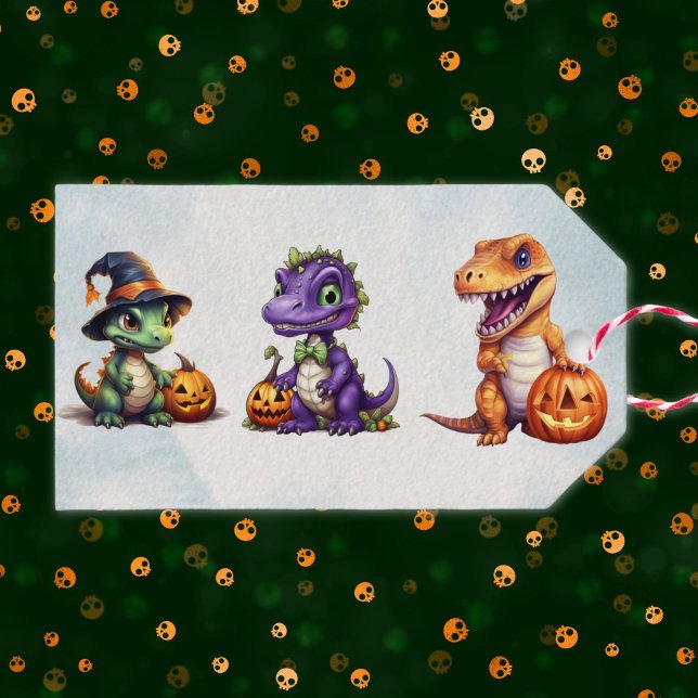 Halloween Dinosaur Dino-Mash Party Presentetikett (Adorable triple dinosaur Halloween gift tag)