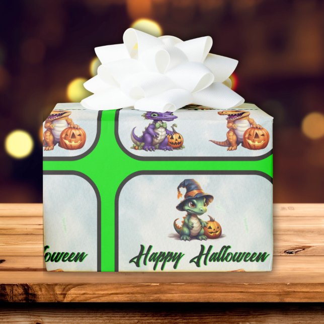 Halloween Dinosaur Dino-Mash Party Presentpapper (Halloween Dino Wrapping Paper with green trim and font)