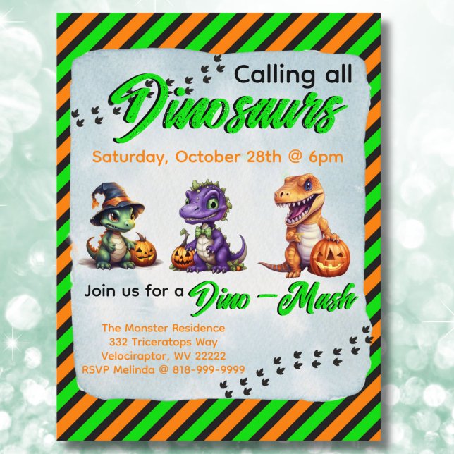 Halloween Dinosaur Dino-Mash Party Vykort (Halloween Dinosaur Invitation Postcard in Orange & Green)