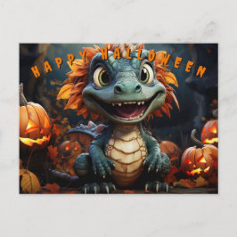 Halloween Dinosaur in Forest with pumpkins Helg Vykort