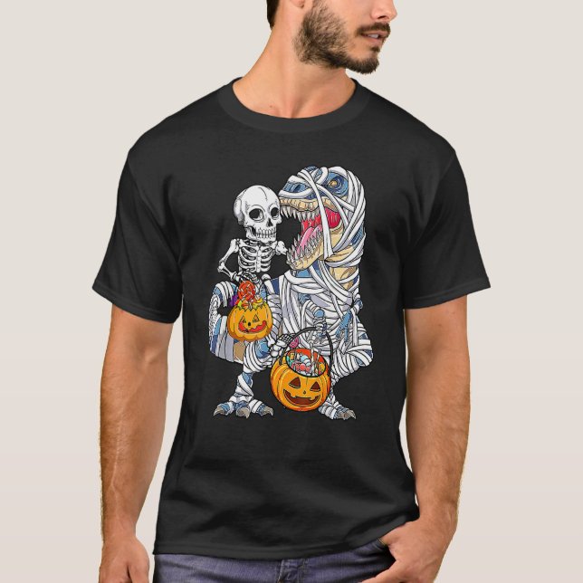 Halloween Dinosaur Rex Skeleton Riding Mummy Pumpk T Shirt (Framsida)