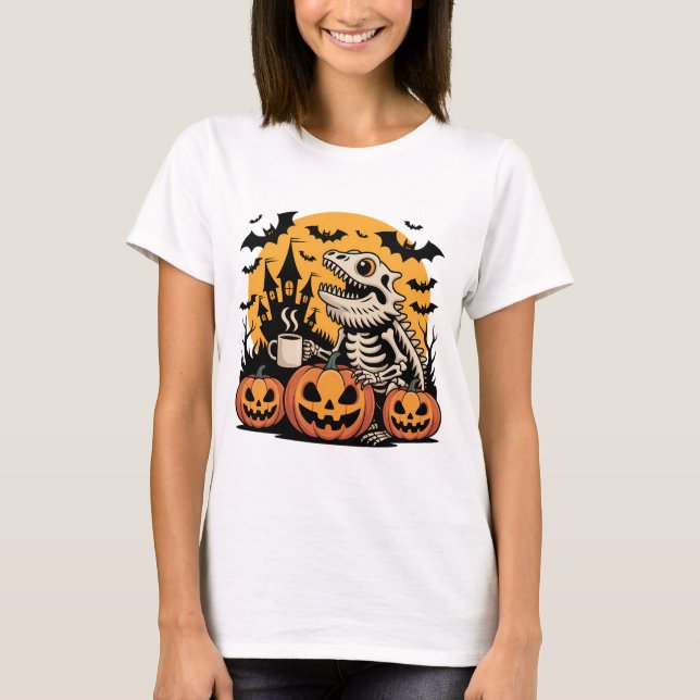 Halloween Dinosaur Skeleton med kaffe T Shirt (Framsida)