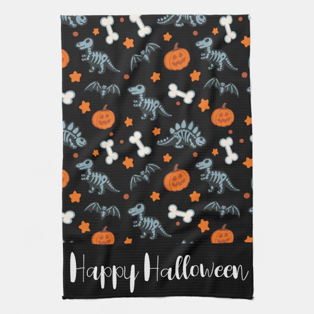 Halloween Dinosaur Skeletons Fladdermus & Pumpkins Kökshandduk (Vertikal)