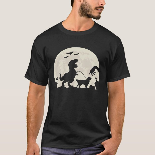 Halloween Dinosaur Walking Golden Retriever T Shirt (Framsida)