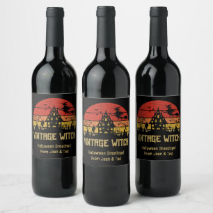 Halloween Distress Vintage Witch Retro Sunset Vinflaska Etikett