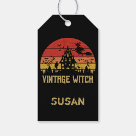 Halloween Distressed Vintage Häxa Retro Solnedgång Presentetikett