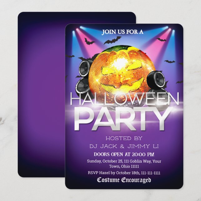Halloween DJ-fest Disco Boll Pumpa Kuslig Inbjudningar (Fram/baksida)